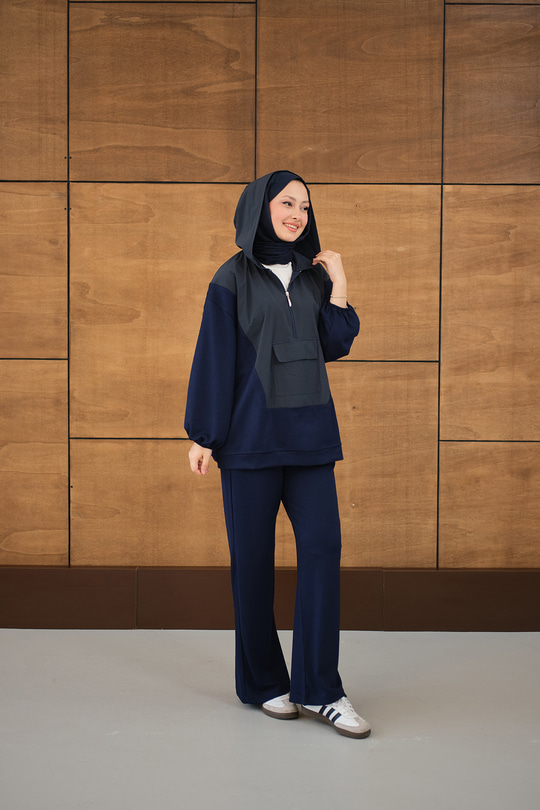 Yarım Fermuarlı Tek Cepli Pantolonlu Takım Lacivert