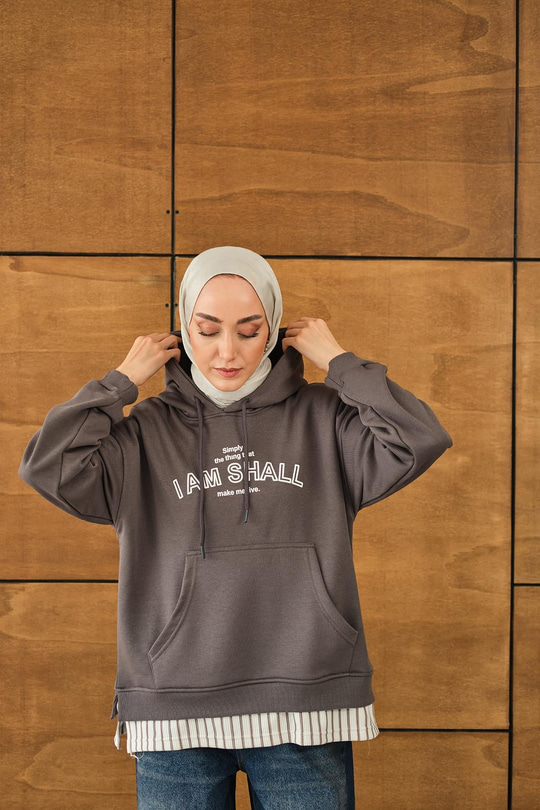 Yazı Baskılı Kapüşonlu Sweat Gri