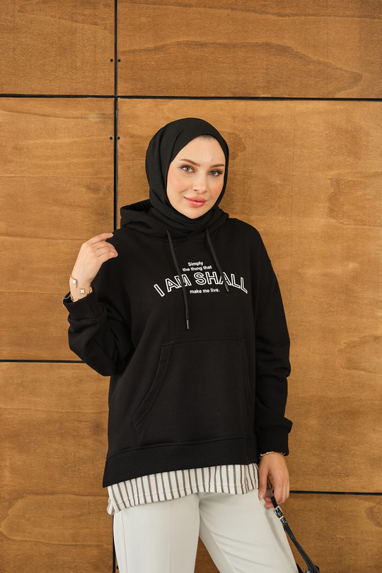 Yazı Baskılı Kapüşonlu Sweat Siyah