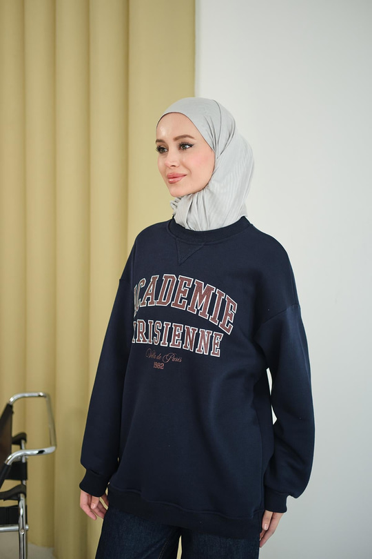 Yazı Baskılı Nakış İşlemeli Oversize Sweat Lacivert