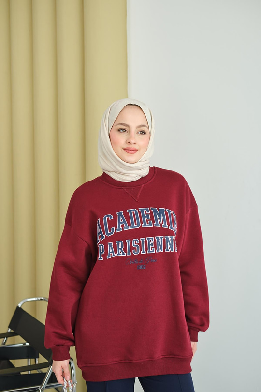 Yazı Baskılı Nakış İşlemeli Oversize Sweat Bordo