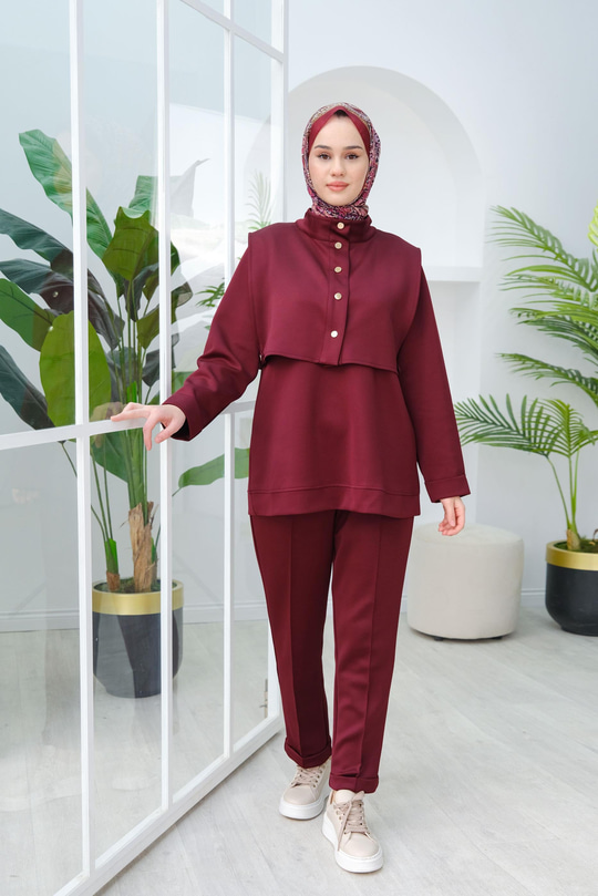 Yelek Detaylı Üçlü Takım Bordo