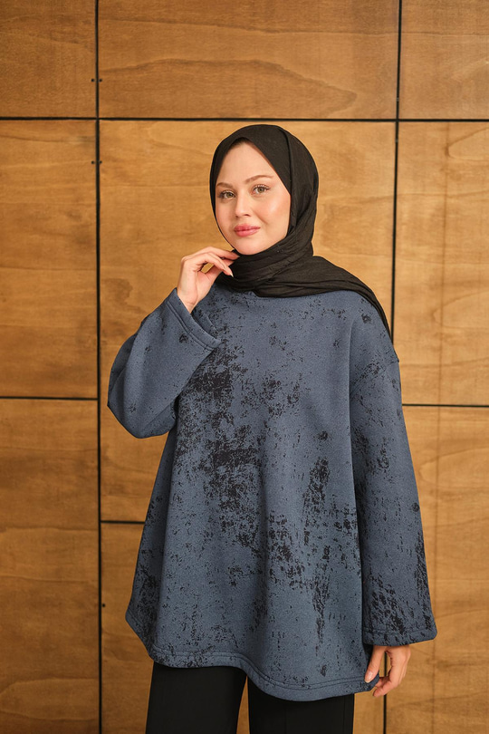 Yıkama Desen Sweat Lacivert