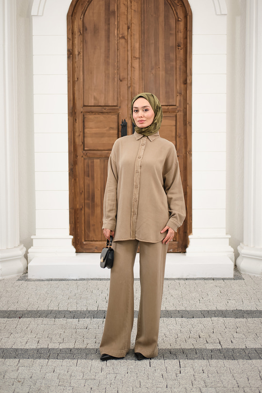 Yıkama Detay Beli Lastikli Boru Paça Gömlekli Takım Vizon