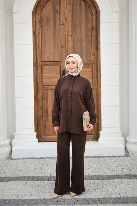 Yıkama Detay Beli Lastikli Boru Paça Gömlekli Takım Kahverengi