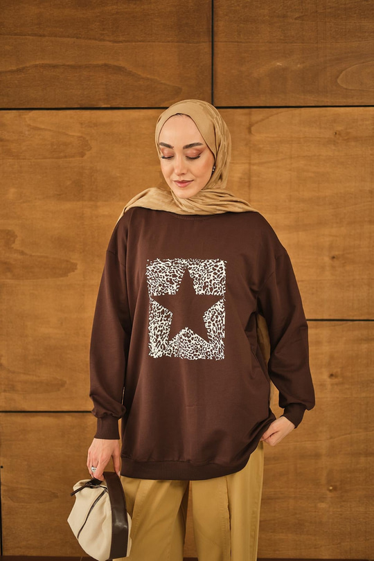 Yıldız Baskılı Sweatshirt Kahverengi