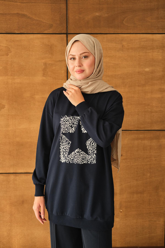 Yıldız Baskılı Sweatshirt Lacivert