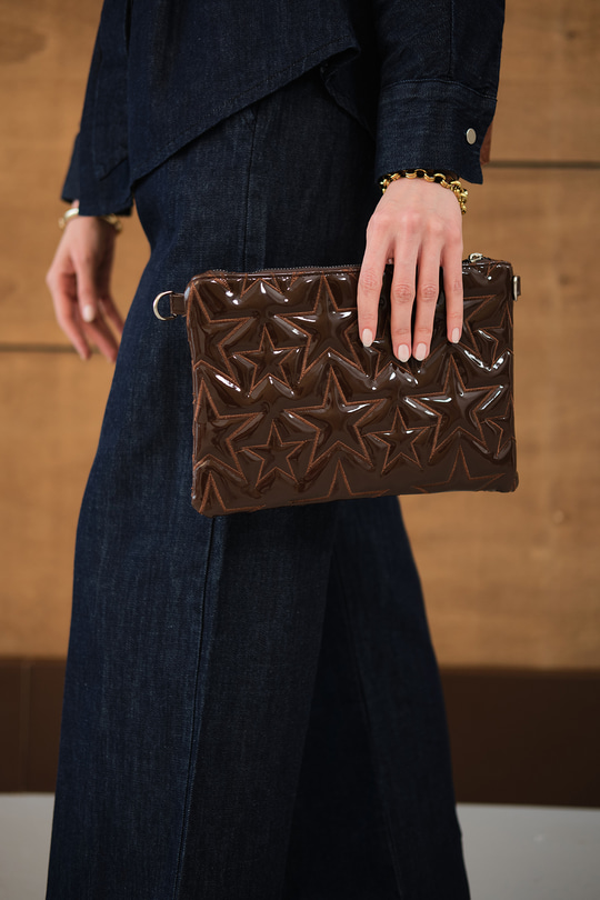 Yıldız Desenli Clutch Çanta Kahverengi