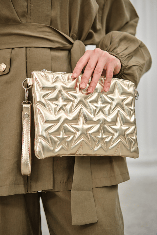 Yıldız Desenli Parlak Clutch Çanta Sarı