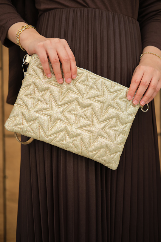 Yıldız Desenli Sim Detay Clutch Çanta Sarı