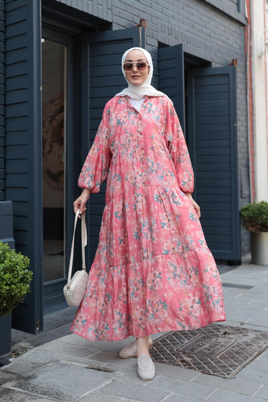 Zambak Desen Elbise Fuşya