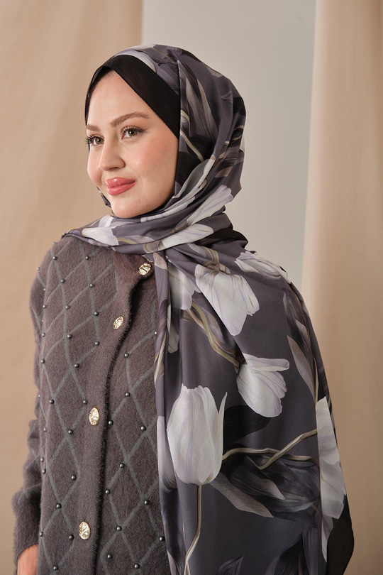 Zambak Desenli Soft Şal Füme