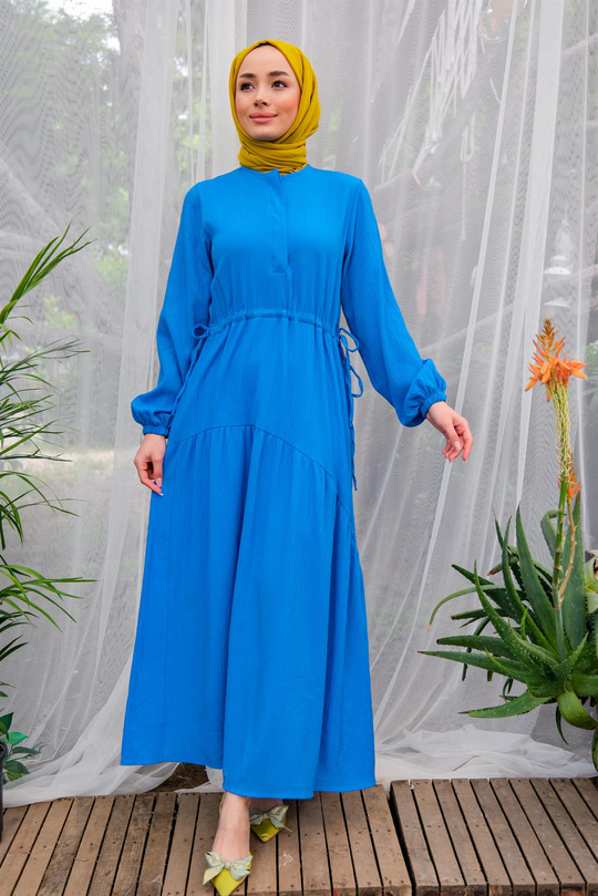  Gizli Düğmeli Bel Bağlamalı Elbise MAVI
