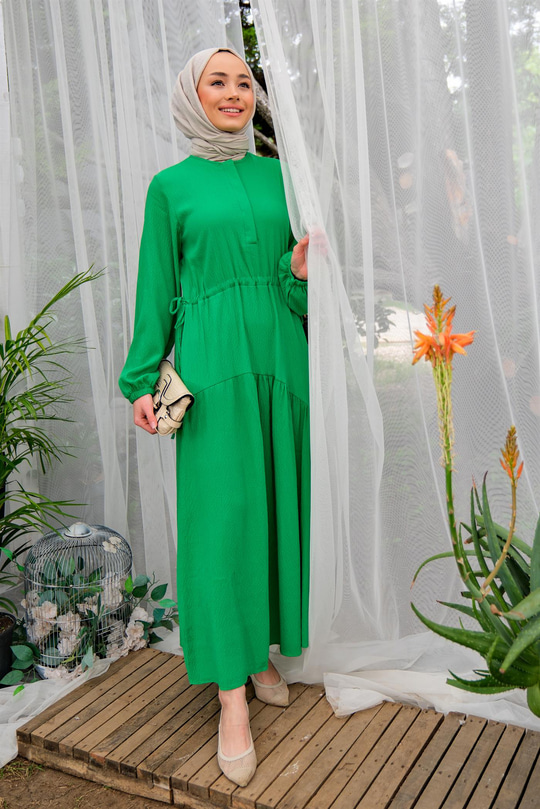  Gizli Düğmeli Bel Bağlamalı Elbise YESIL