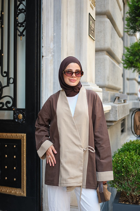 Yandan Bağlama Detaylı Çift Cepli Ceket Kahverengi
