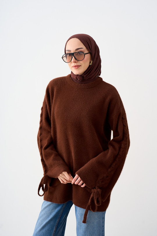 Bilek Kurdele Detay Triko Tunik Kahverengi
