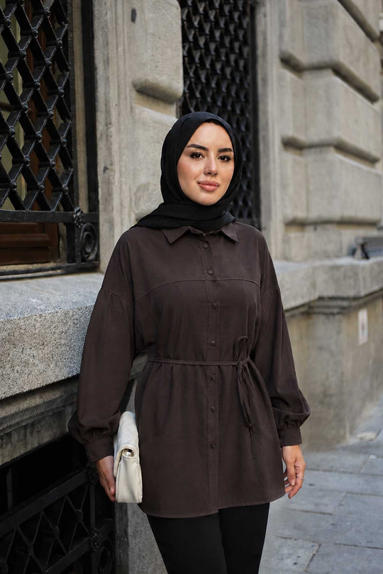 Önü Çimalı Bel Bağlamalı Modal Gömlek Acı Kahve