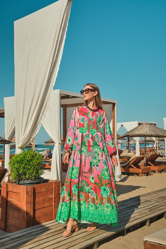 Soyut Botanik Desen Elbise Pembe-Kırmızı