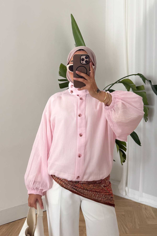 Yaka Düğme Detay Tül Gömlek Pembe