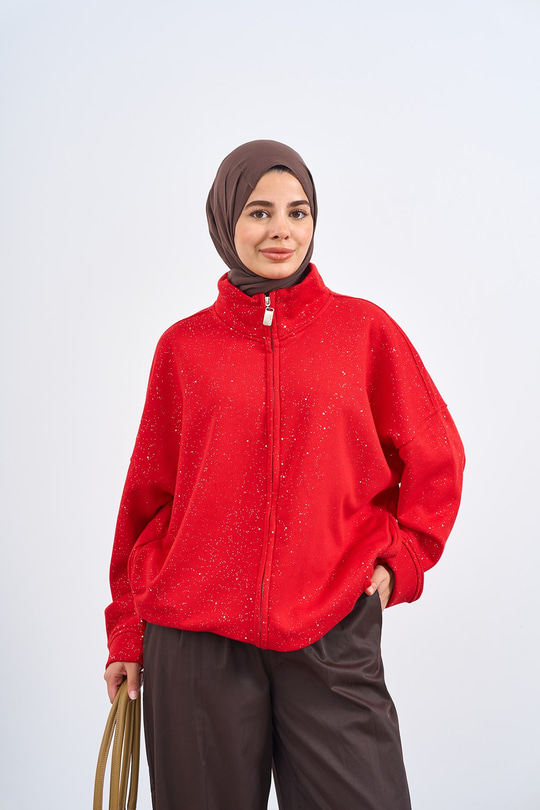 Çift Cepli Simli Fermuarlı Sweatshirt Kırmızı