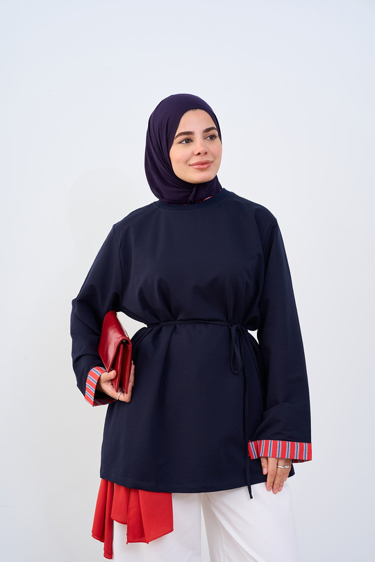 Yaka Ve Kolları Çizgi Garnili Bel Bağlamalı Sweatshirt Lacivert
