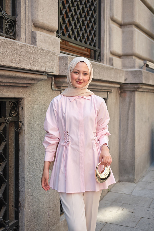 Kuş Gözü Bağlama Detay Gizli Düğmeli Gömlek Pembe