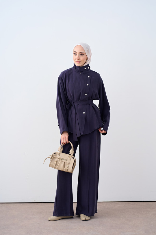 Çıtçıtlı Dikiş Detay Bel Bağlamalı Takım Lacivert