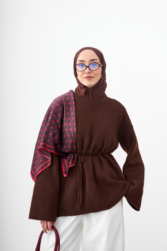 Bisiklet Yaka Bel Bağlamalı Triko Tunik Kahverengi