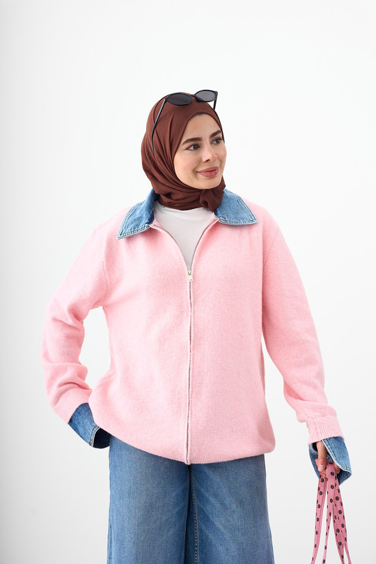 Yaka Ve Manşet Kot Detay Fermuarlı Triko Hırka Pembe