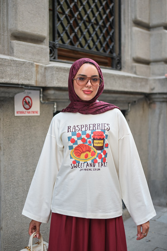 Yaz Baskılı Uzun Kollu Body Ekru