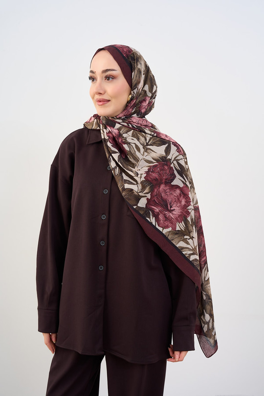 Çiçek ve Yaprak Desen Şal Bordo