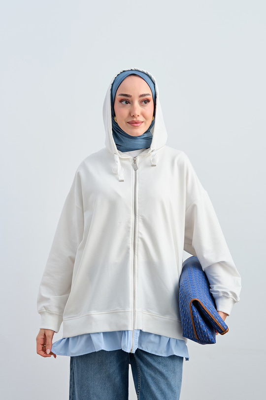 Etek Ve Fırfır Detay Çift Renk Sweatshirt Beyaz