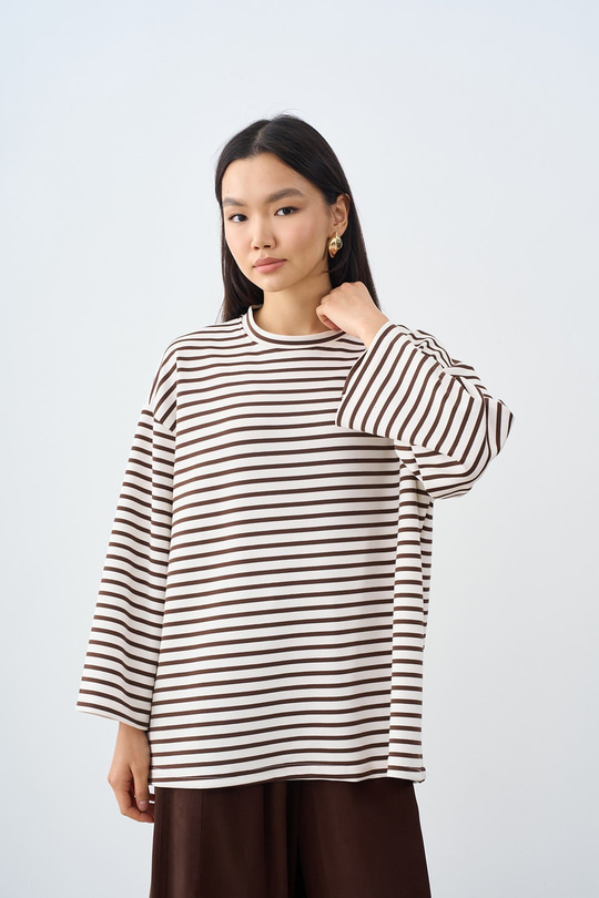 Kontrast Çizgili Bisiklet Yaka Oversize Sweatshirt Kahverengi