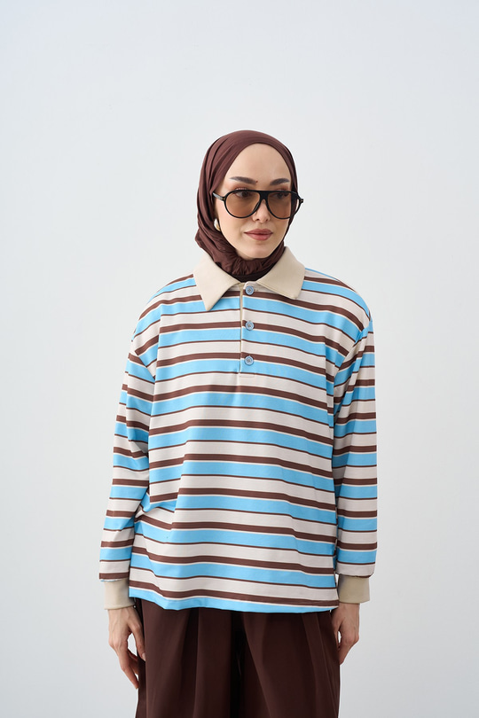 Gömlek Yaka Yarım Düğmeli Sweatshirt Bebe Mavi