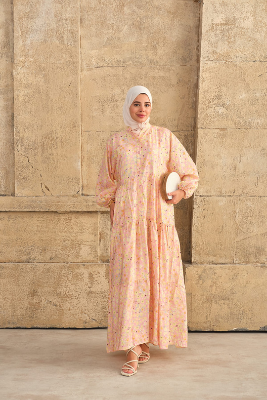 Çiçek Desenli Hakim Yaka Elbise Pembe