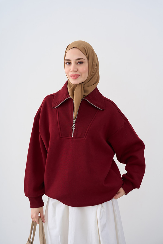 Yarım Fermuarlı Sweat Bordo