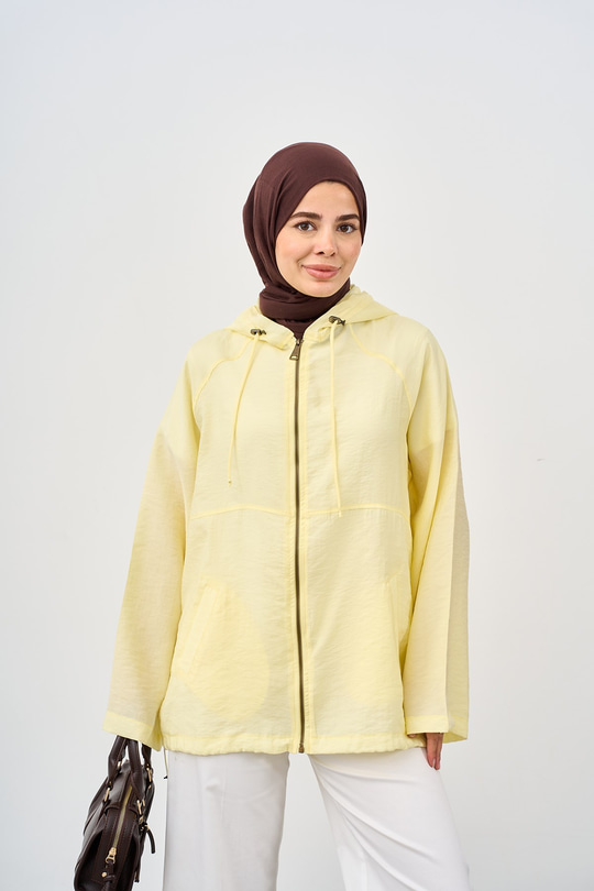Kapüşonlu Cep Detay Fermuarlı Sweatshirt Sarı