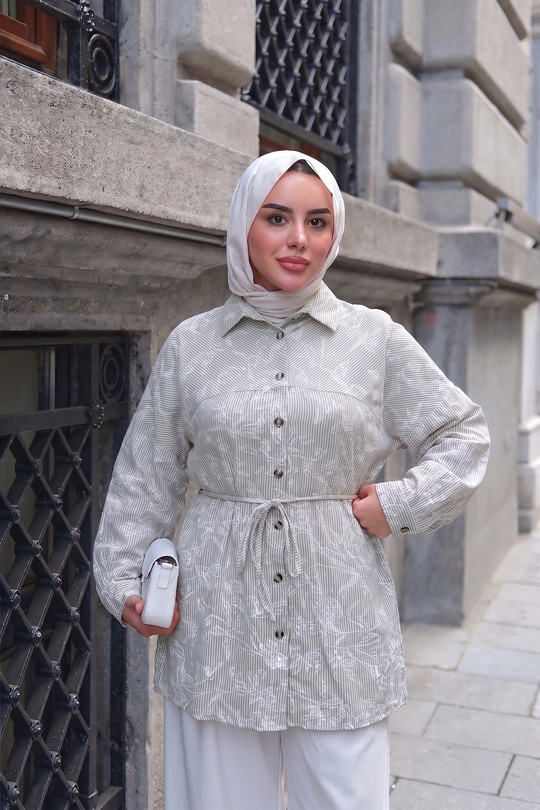 Çizgi Desen Bel Bağlamalı Gömlek Yeşil