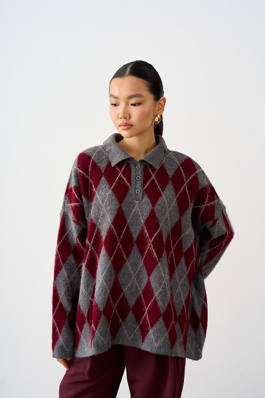 Polo Yaka Baklava Desen Oversize Triko Kazak Gri