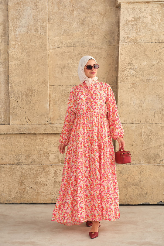 Sulu Boya Çiçek Desenli Elbise Pembe