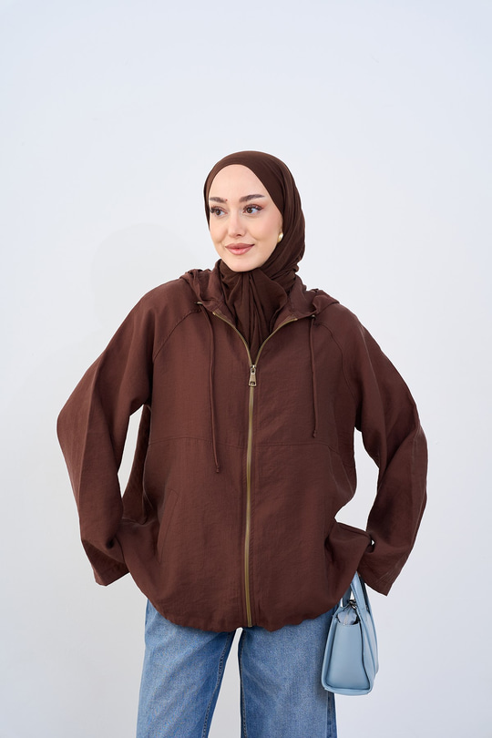 Kapüşonlu Cep Detay Fermuarlı Sweatshirt Kahverengi