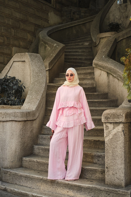 Fırfır Detay Kat Kat Bürümcük İkili Takım Pembe