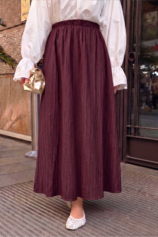 İçi Astarlı Beli Lastikli Kendinden Desen Gofre Etek Bordo