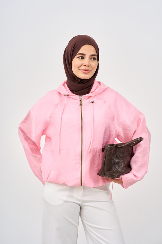 Kapüşonlu Cep Detay Fermuarlı Sweatshirt Pembe