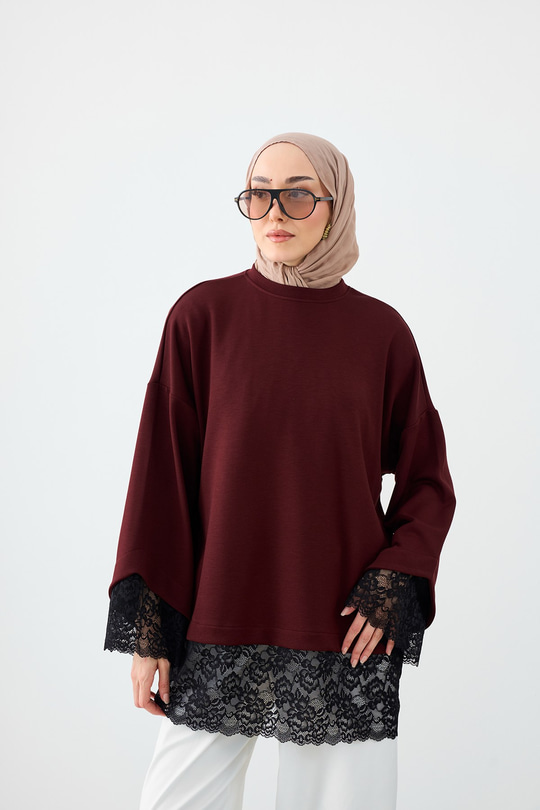 Dantel Detay Uzun Kollu Tişört Mürdüm