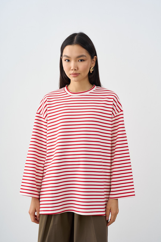 Kontrast Çizgili Bisiklet Yaka Oversize Sweatshirt Kırmızı