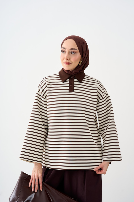Gömlek Yaka Yarım Düğmeli Çizgili Sweatshirt Kahverengi