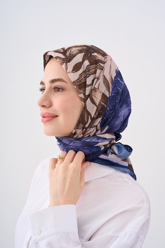 Yaprak Desen Bambu Kraş Eşarp Saks Mavi