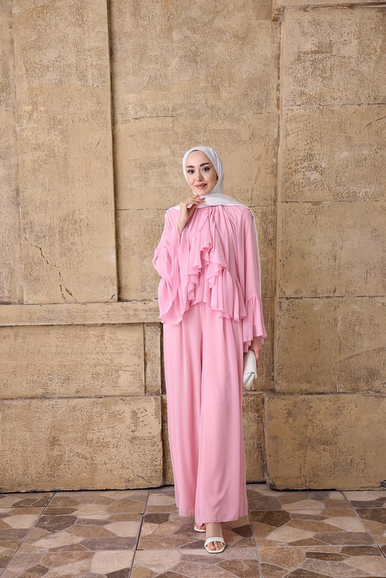 Pile Detay Pantolonlu Şifon Takım Pembe