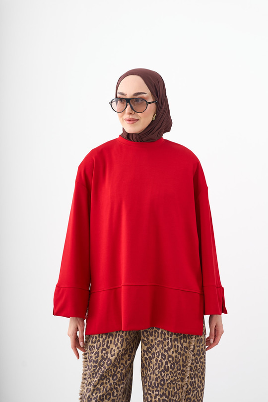 Bisiklet Yaka Çima Detay Sweatshirt Kırmızı
